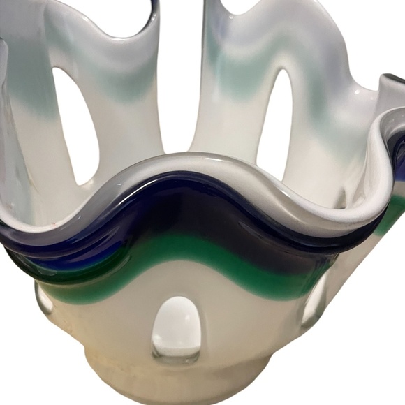 Mid Century Vintage Handmade Ruffle Blue and White Artistic Glass Vase, - Picture 4 of 11